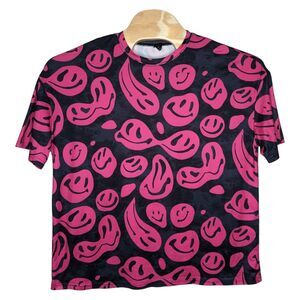 Shein Womens Pink Black Smiley Face T Shirt Oversized Large/XL Soft Short Sleeve